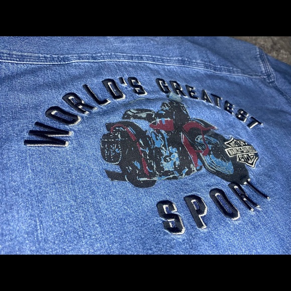 🏍🏍🏍Mens Medium Harley Davidson Denim Short Sleeve Button Up Shirt - Picture 12 of 12
